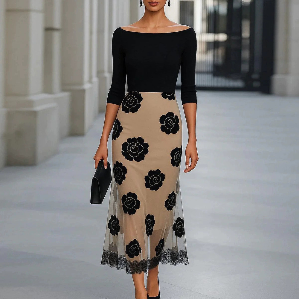 ZARA Elegant Boat Neck Lace Mesh Printed Evening Dress